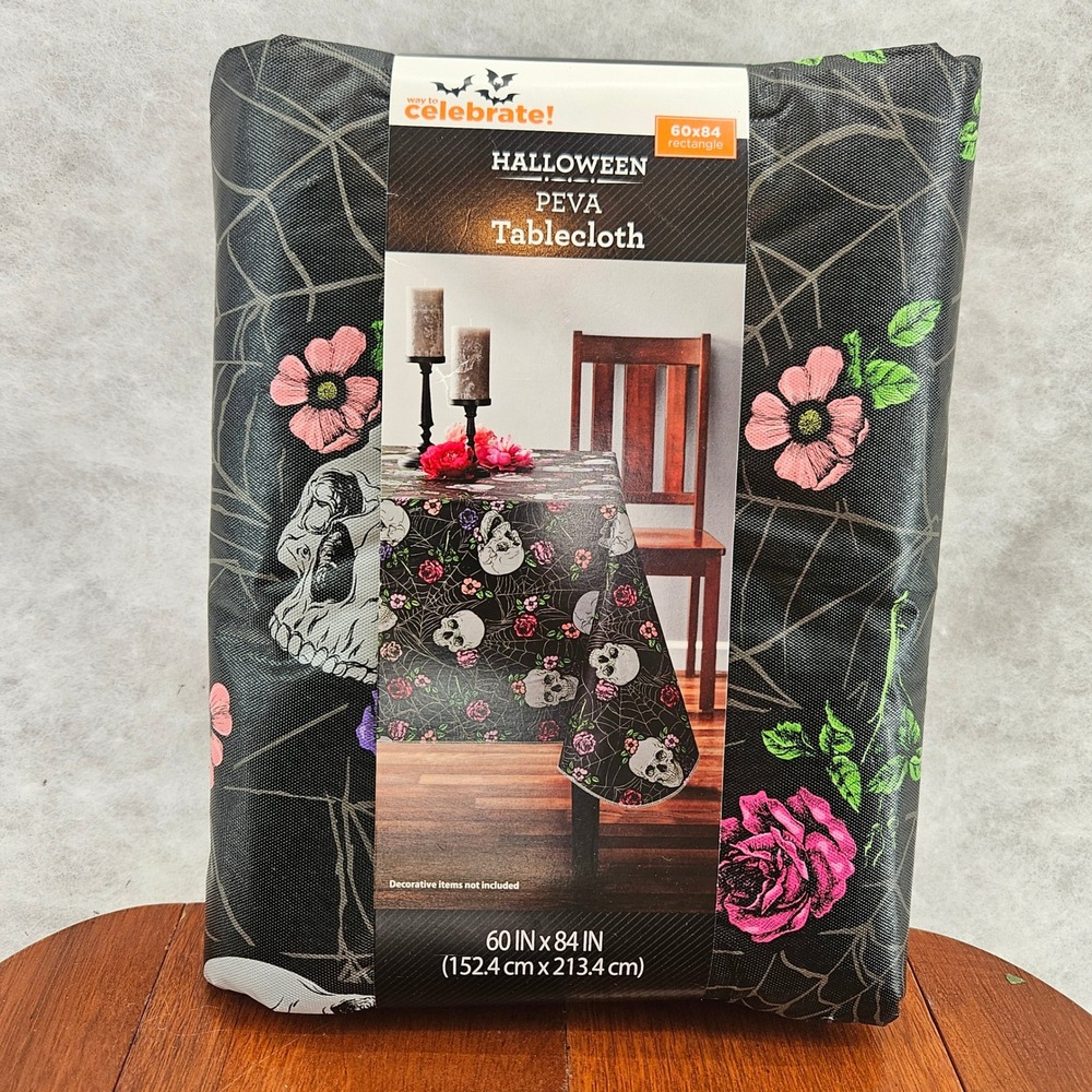 Way To Celebrate Halloween PEVA Tablecloth 60x84 Rectangle Skull‎ Floral New